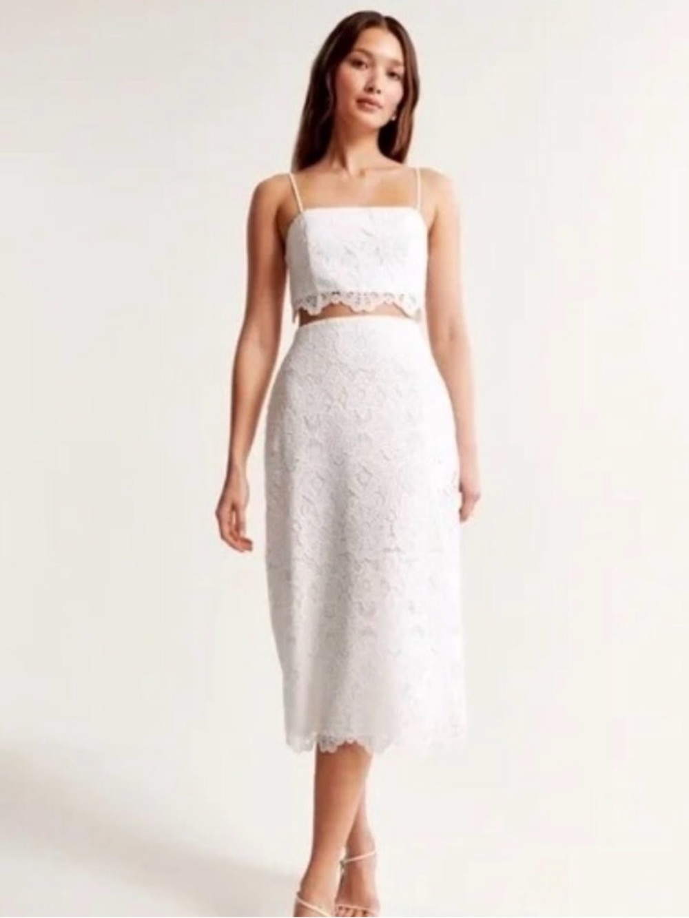 Abercrombie & Fitch White Lace Matching Set tie crop top & midi skirt s m
